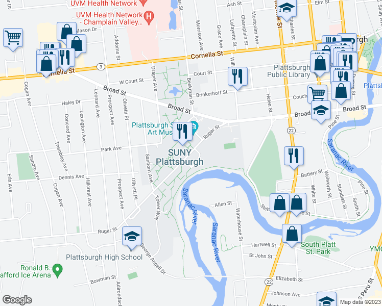 map of restaurants, bars, coffee shops, grocery stores, and more near 31-39 Rugar Street in Plattsburgh