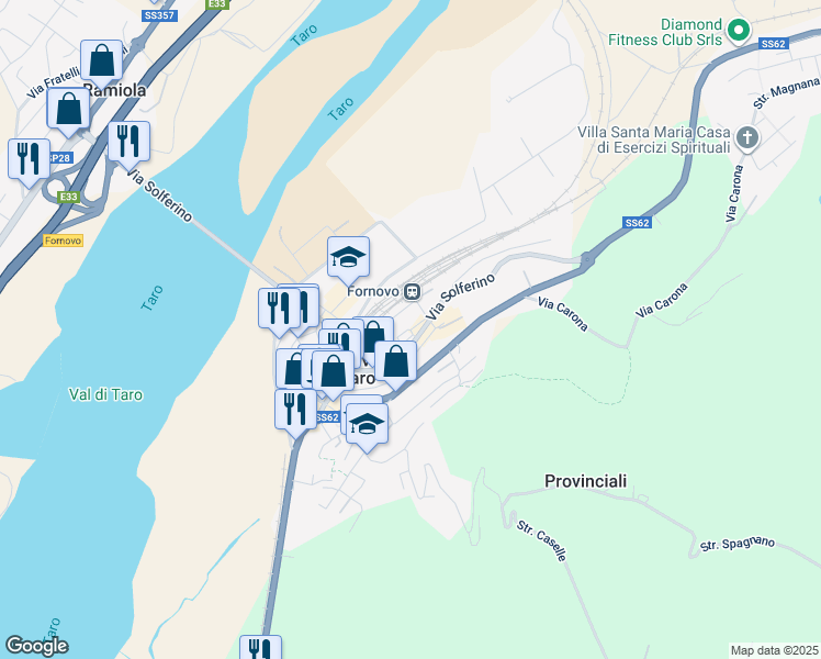 map of restaurants, bars, coffee shops, grocery stores, and more near 13 Via Giuseppe Verdi in Fornovo di Taro