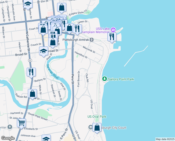 map of restaurants, bars, coffee shops, grocery stores, and more near Club Road & Fort Brown Drive in Plattsburgh