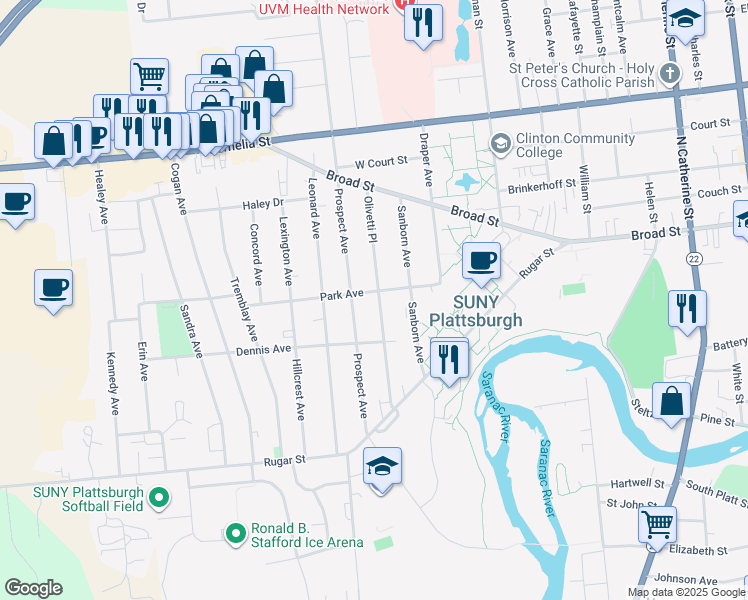 map of restaurants, bars, coffee shops, grocery stores, and more near 32 Olivetti Place in Plattsburgh