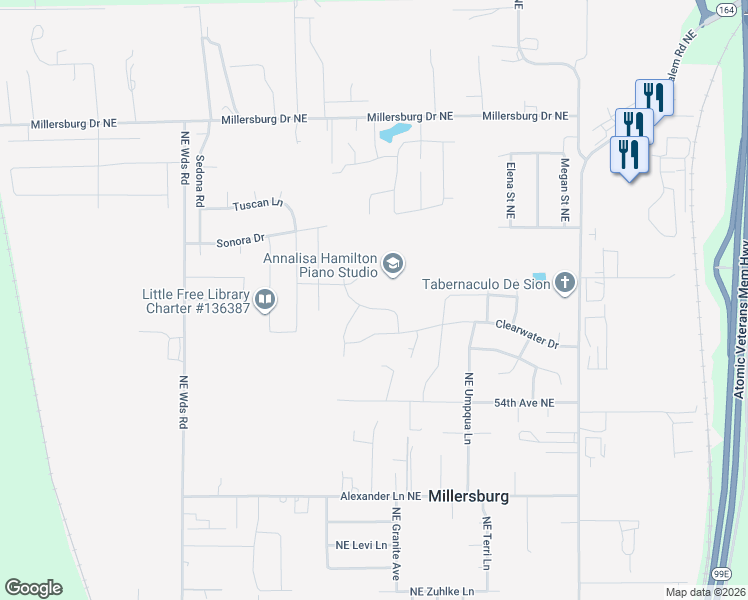 map of restaurants, bars, coffee shops, grocery stores, and more near 3015 Northeast Trask Lane in Millersburg