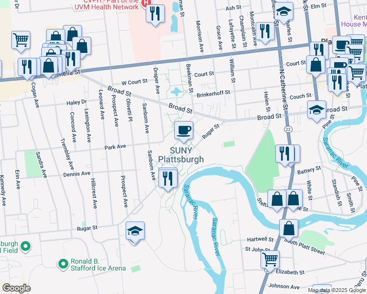map of restaurants, bars, coffee shops, grocery stores, and more near 101 Broad Street in Plattsburgh