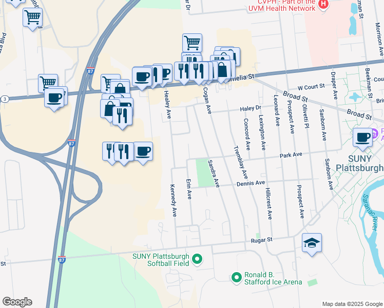 map of restaurants, bars, coffee shops, grocery stores, and more near 107 Park Ave W in Plattsburgh