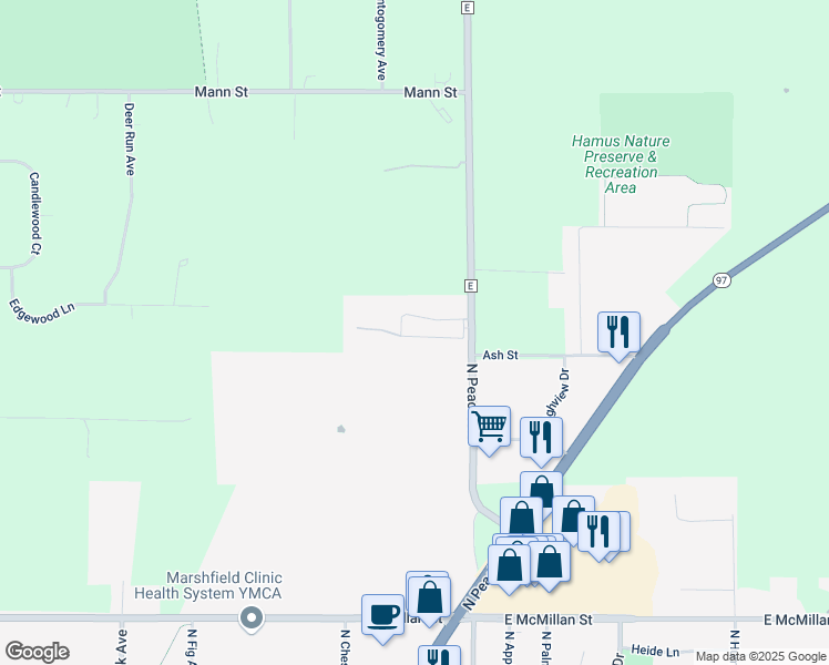 map of restaurants, bars, coffee shops, grocery stores, and more near 2406 North Peach Avenue in Marshfield