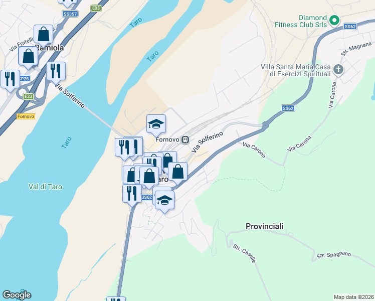 map of restaurants, bars, coffee shops, grocery stores, and more near 13 Via Giuseppe Verdi in Fornovo di Taro