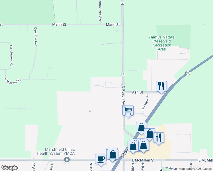 map of restaurants, bars, coffee shops, grocery stores, and more near 2406 North Peach Avenue in Marshfield