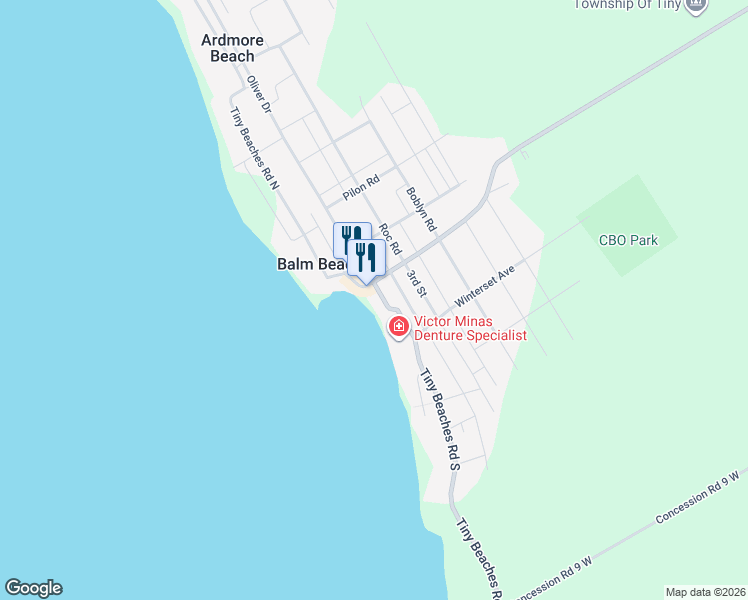 map of restaurants, bars, coffee shops, grocery stores, and more near 14 Tiny Beaches Road South in Simcoe County