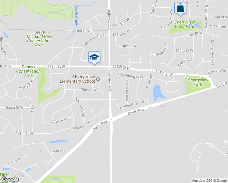 map of restaurants, bars, coffee shops, grocery stores, and more near 17583 Heidelberg Way in Lakeville