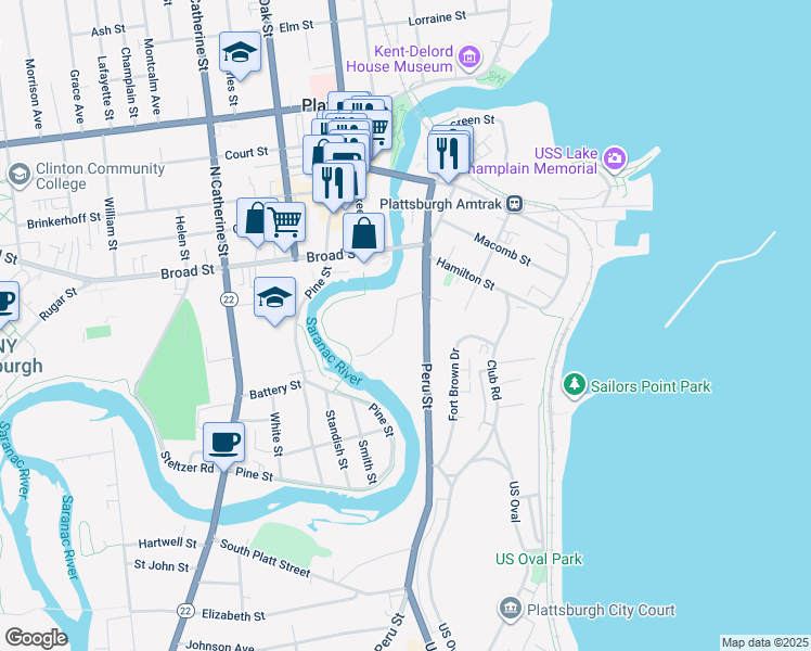 map of restaurants, bars, coffee shops, grocery stores, and more near 7 Saranac Street in Plattsburgh