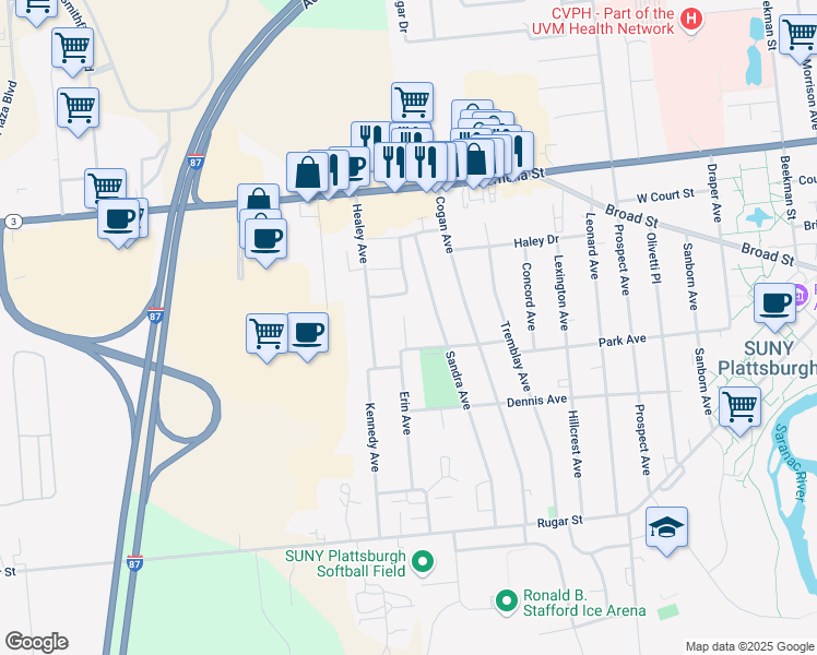 map of restaurants, bars, coffee shops, grocery stores, and more near 39 Sandra Avenue in Plattsburgh