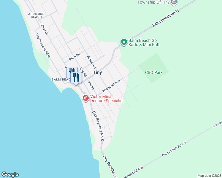 map of restaurants, bars, coffee shops, grocery stores, and more near 43 Winterset Avenue in Tiny