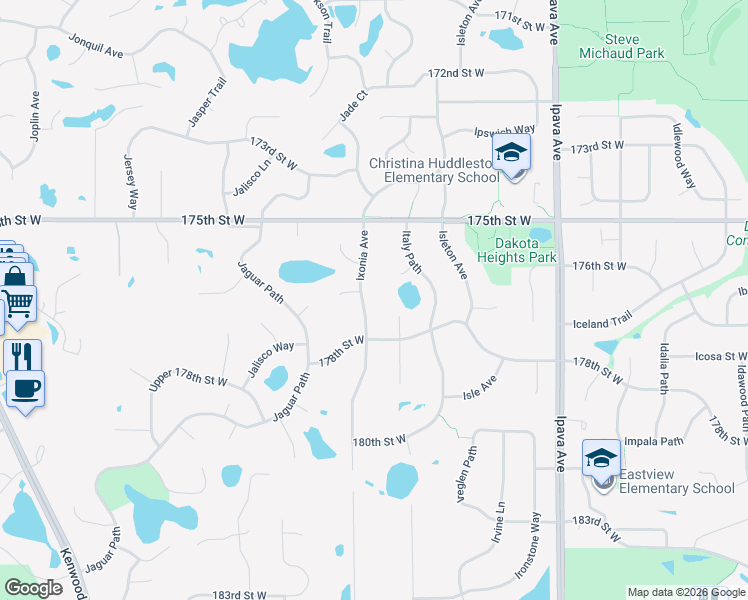 map of restaurants, bars, coffee shops, grocery stores, and more near 17615 Italy Court in Lakeville