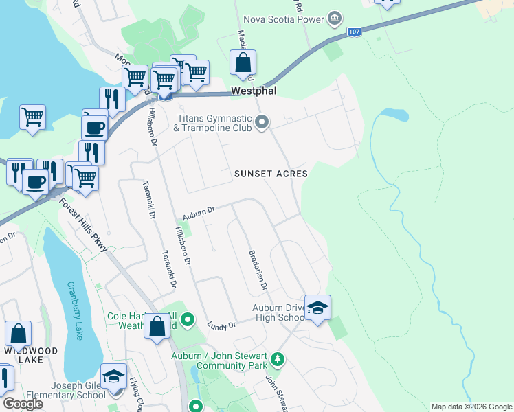 map of restaurants, bars, coffee shops, grocery stores, and more near 95 Auburn Drive in Dartmouth