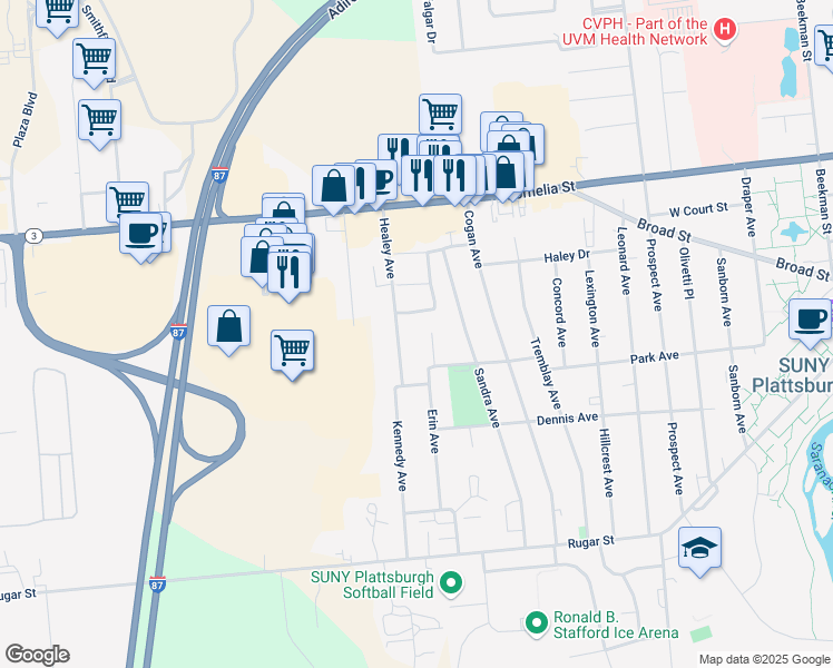 map of restaurants, bars, coffee shops, grocery stores, and more near 112 Park Avenue West in Plattsburgh