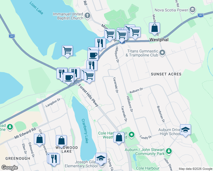 map of restaurants, bars, coffee shops, grocery stores, and more near 194 Taranaki Drive in Dartmouth