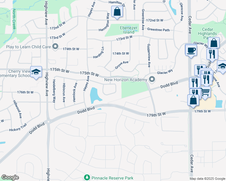 map of restaurants, bars, coffee shops, grocery stores, and more near 7925 175th Street West in Lakeville