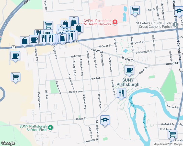map of restaurants, bars, coffee shops, grocery stores, and more near 57 Prospect Avenue in Plattsburgh
