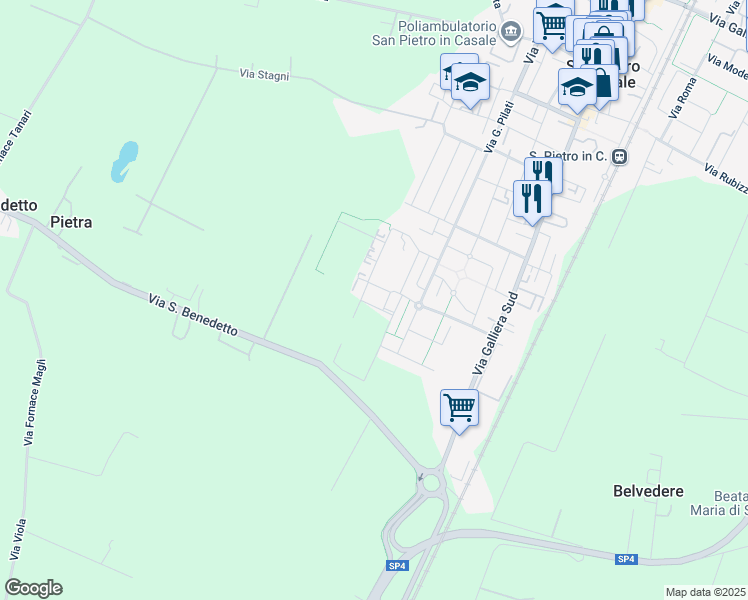 map of restaurants, bars, coffee shops, grocery stores, and more near 151 Via San Alberto in Città Metropolitana di Bologna