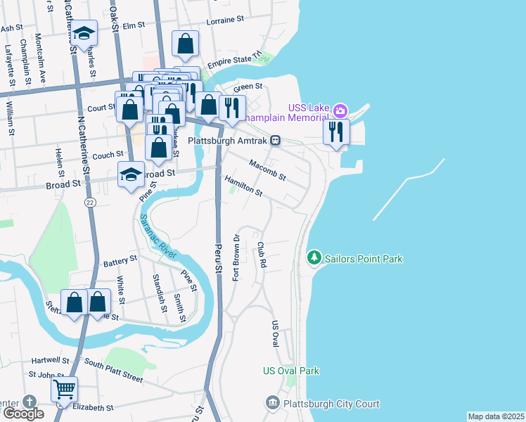 map of restaurants, bars, coffee shops, grocery stores, and more near 67 Club Road in Plattsburgh