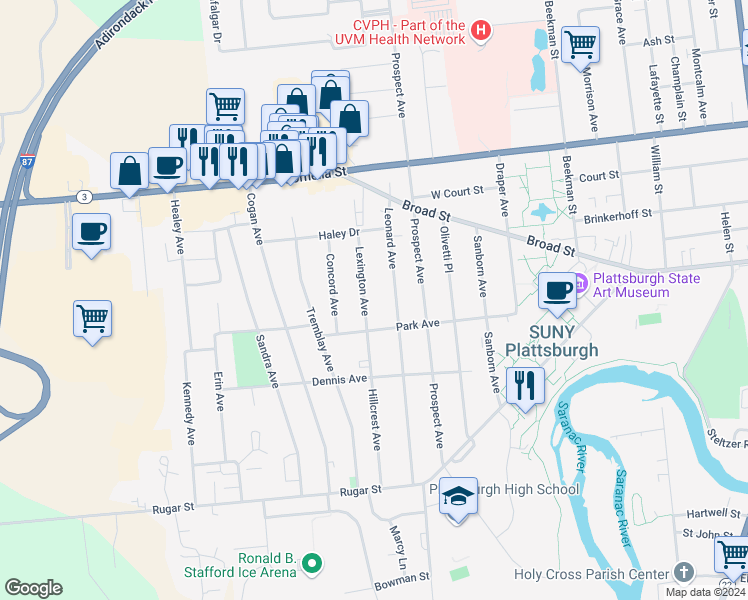 map of restaurants, bars, coffee shops, grocery stores, and more near 10 Lexington Ave in Plattsburgh