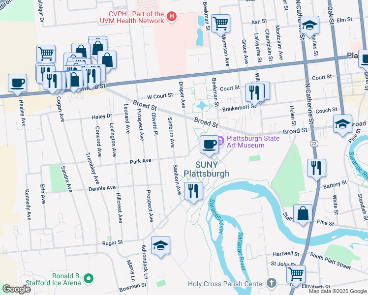 map of restaurants, bars, coffee shops, grocery stores, and more near 3 Draper Avenue in Plattsburgh