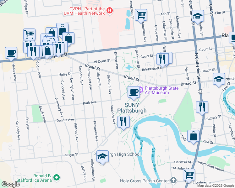map of restaurants, bars, coffee shops, grocery stores, and more near 3 Draper Avenue in Plattsburgh