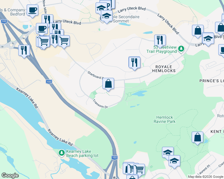 map of restaurants, bars, coffee shops, grocery stores, and more near 46 Fathom Court in Halifax