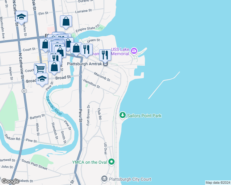 map of restaurants, bars, coffee shops, grocery stores, and more near 27 Jay Street in Plattsburgh