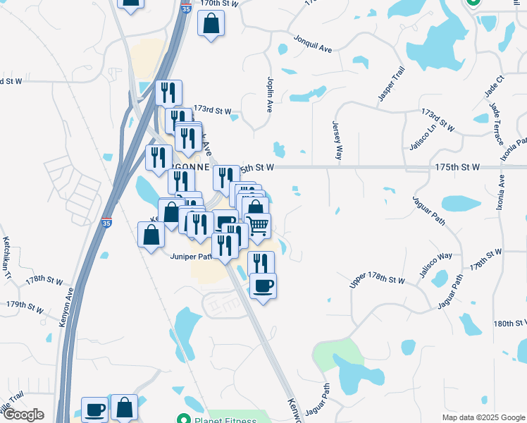 map of restaurants, bars, coffee shops, grocery stores, and more near 17688 Junelle Path in Lakeville