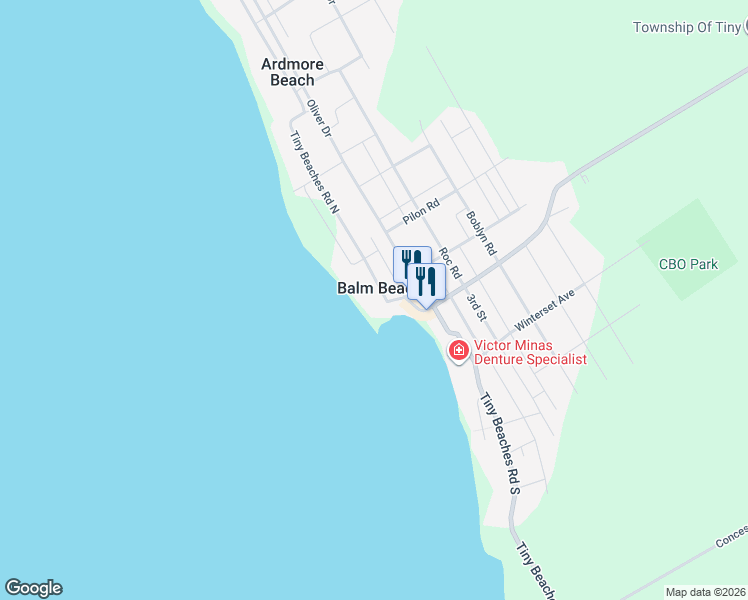 map of restaurants, bars, coffee shops, grocery stores, and more near 26 Tiny Beaches Road North in Simcoe County
