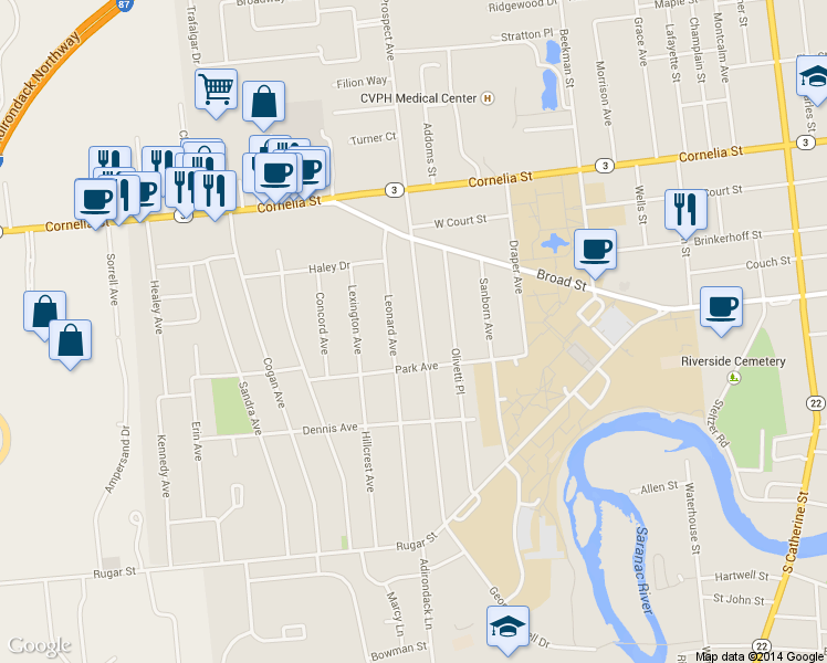 map of restaurants, bars, coffee shops, grocery stores, and more near 57 Prospect Ave in Plattsburgh