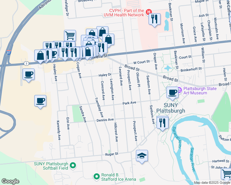 map of restaurants, bars, coffee shops, grocery stores, and more near 10 Lexington Ave in Plattsburgh