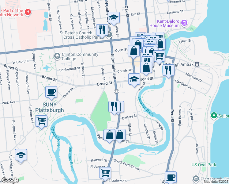 map of restaurants, bars, coffee shops, grocery stores, and more near 5089 South Catherine Street in Plattsburgh