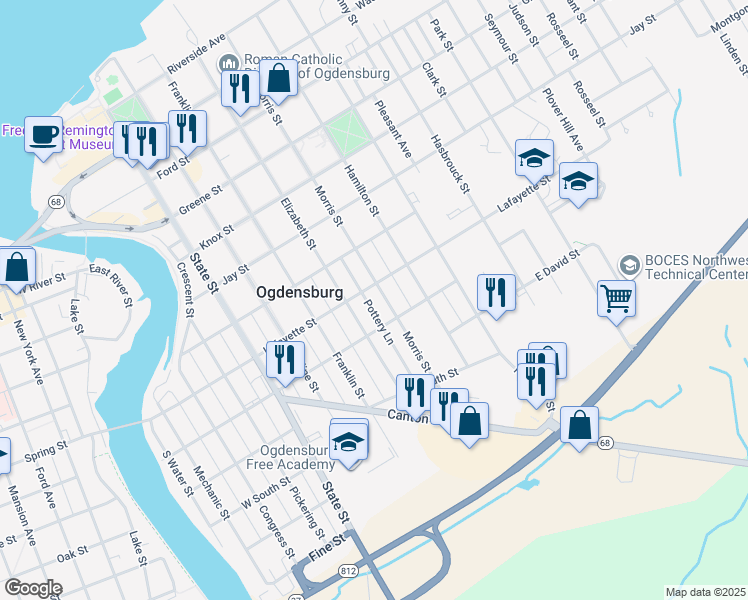 map of restaurants, bars, coffee shops, grocery stores, and more near 809 Morris St in Ogdensburg