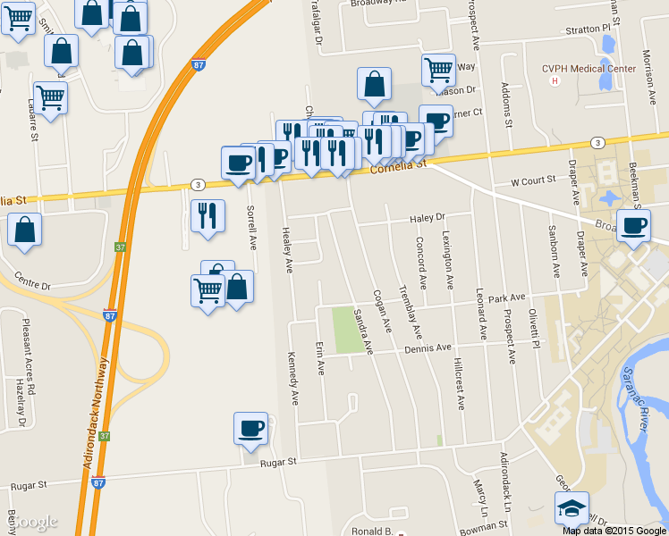 map of restaurants, bars, coffee shops, grocery stores, and more near 39 Sandra Avenue in Plattsburgh