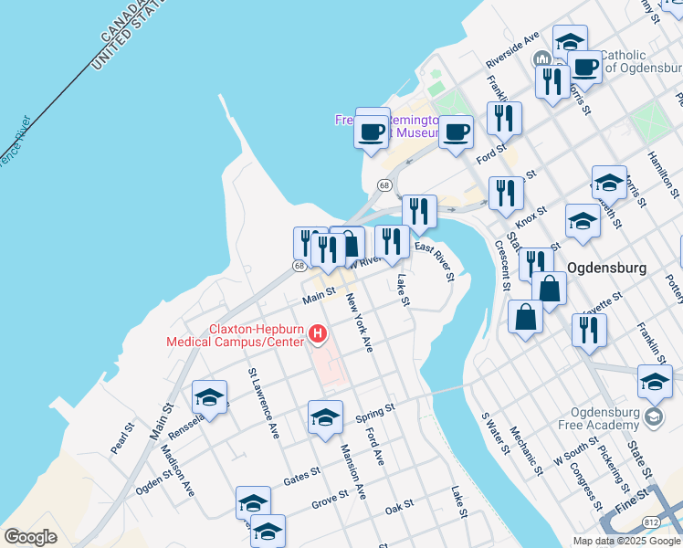 map of restaurants, bars, coffee shops, grocery stores, and more near 20 Market St in Ogdensburg