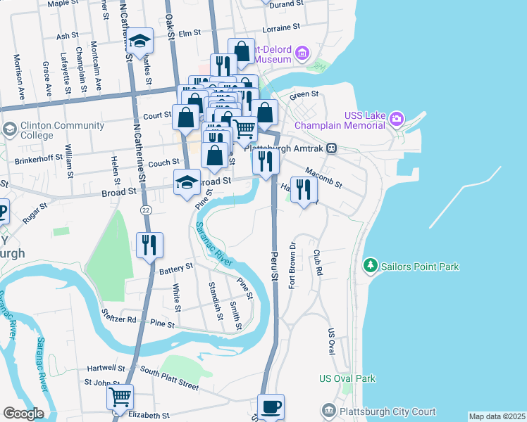 map of restaurants, bars, coffee shops, grocery stores, and more near 7 Saranac Street in Plattsburgh