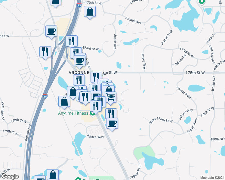 map of restaurants, bars, coffee shops, grocery stores, and more near 17688 Junelle Path in Lakeville