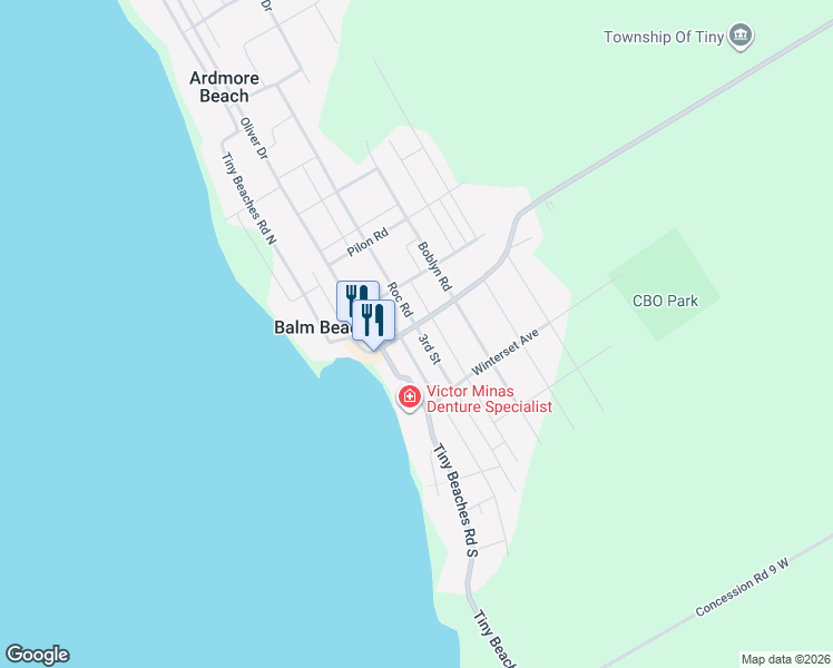 map of restaurants, bars, coffee shops, grocery stores, and more near 351 Balm Beach Road West in Simcoe County