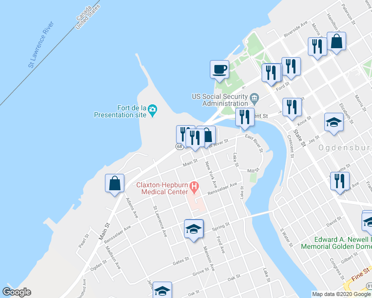 map of restaurants, bars, coffee shops, grocery stores, and more near 20 Market Street in Ogdensburg