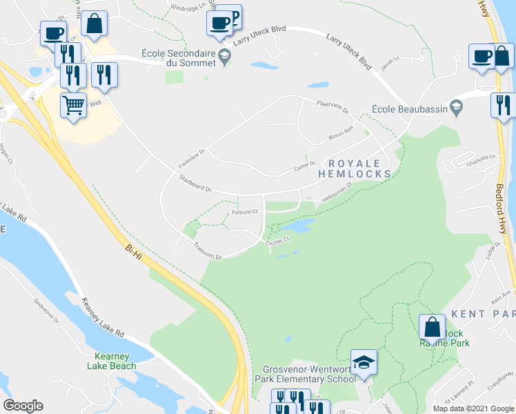 map of restaurants, bars, coffee shops, grocery stores, and more near 7 Fathom Court in Halifax
