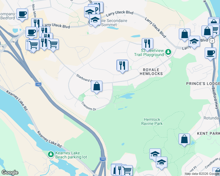 map of restaurants, bars, coffee shops, grocery stores, and more near 7 Fathom Court in Halifax