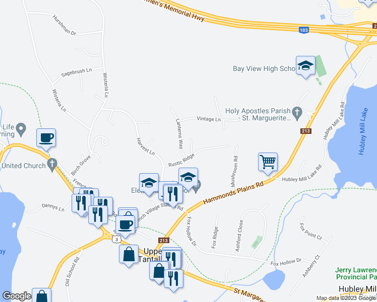map of restaurants, bars, coffee shops, grocery stores, and more near 6 Appleberry Lane in Upper Tantallon