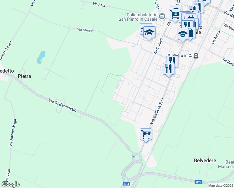 map of restaurants, bars, coffee shops, grocery stores, and more near 151 Via San Alberto in Città Metropolitana di Bologna