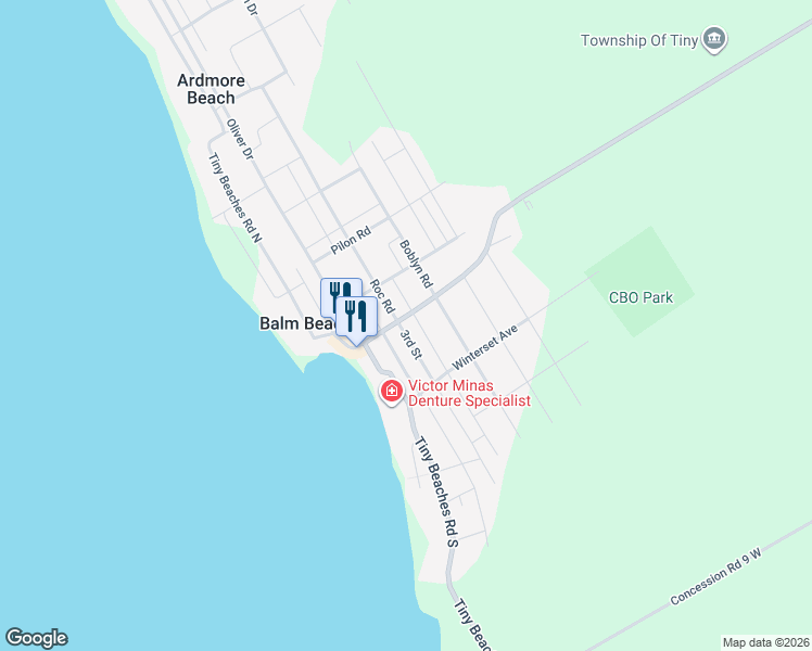 map of restaurants, bars, coffee shops, grocery stores, and more near 351 Balm Beach Road West in Simcoe County