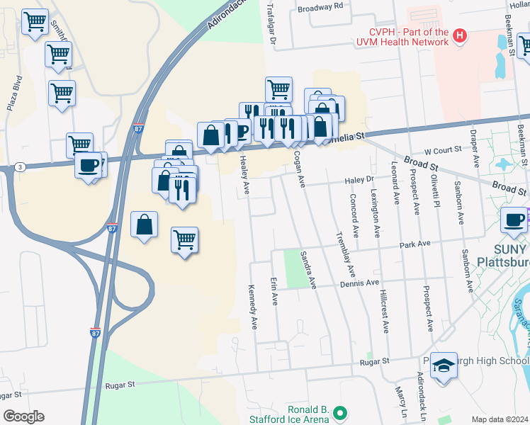 map of restaurants, bars, coffee shops, grocery stores, and more near 112 Park Avenue West in Plattsburgh
