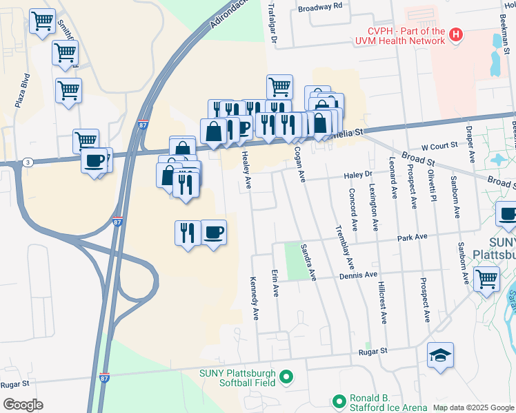 map of restaurants, bars, coffee shops, grocery stores, and more near 112 Park Avenue West in Plattsburgh
