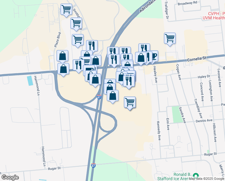 map of restaurants, bars, coffee shops, grocery stores, and more near 77 Consumer Square in Plattsburgh