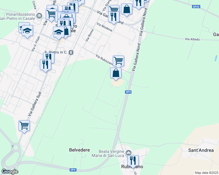 map of restaurants, bars, coffee shops, grocery stores, and more near 374 Via Ravenna in Città Metropolitana di Bologna