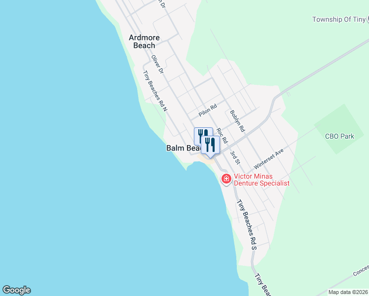 map of restaurants, bars, coffee shops, grocery stores, and more near 26 Tiny Beaches Road North in Simcoe County
